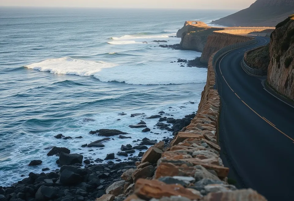 A coastal highway with a loaded car heading east, sea haze on the right-hand side.