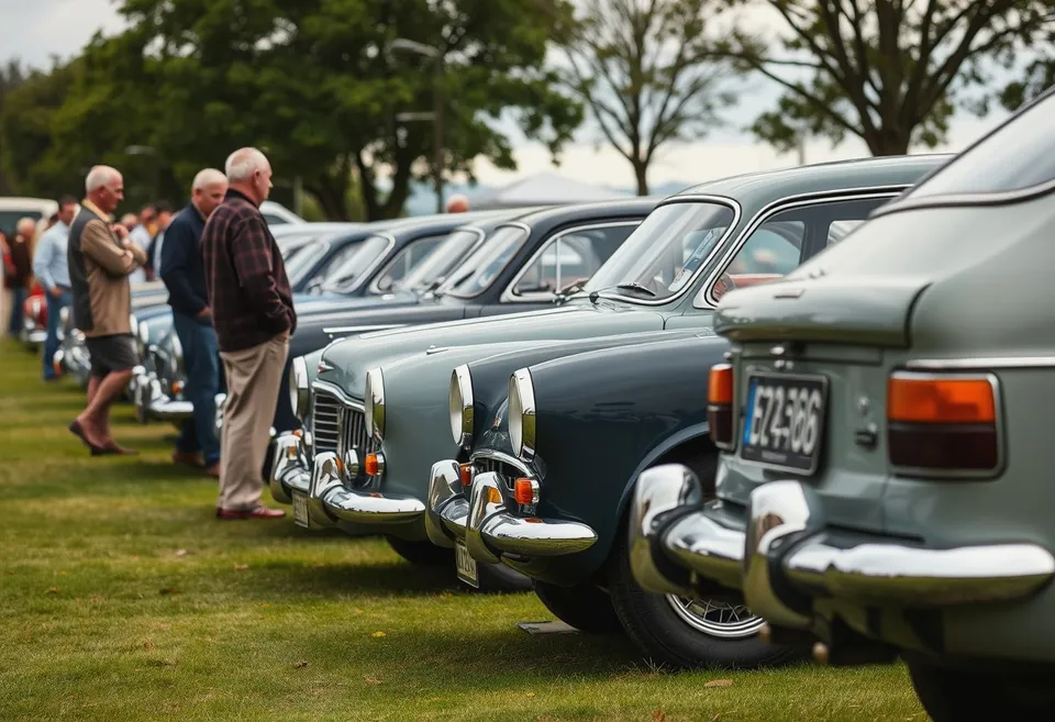 A polished saloon on a judged lawn display, bonnet raised, judge's card on the windscreen.