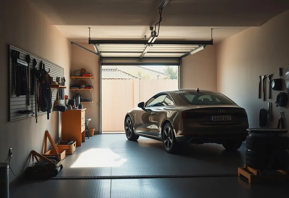 A domestic garage with a car parked tight and a bicycle against the wall, door almost closed.