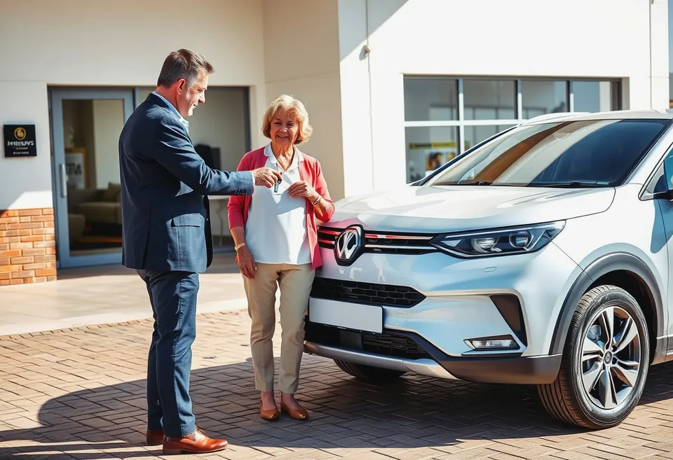 A clerk and a customer walking the kerb side of a hire car with a condition sheet between them.