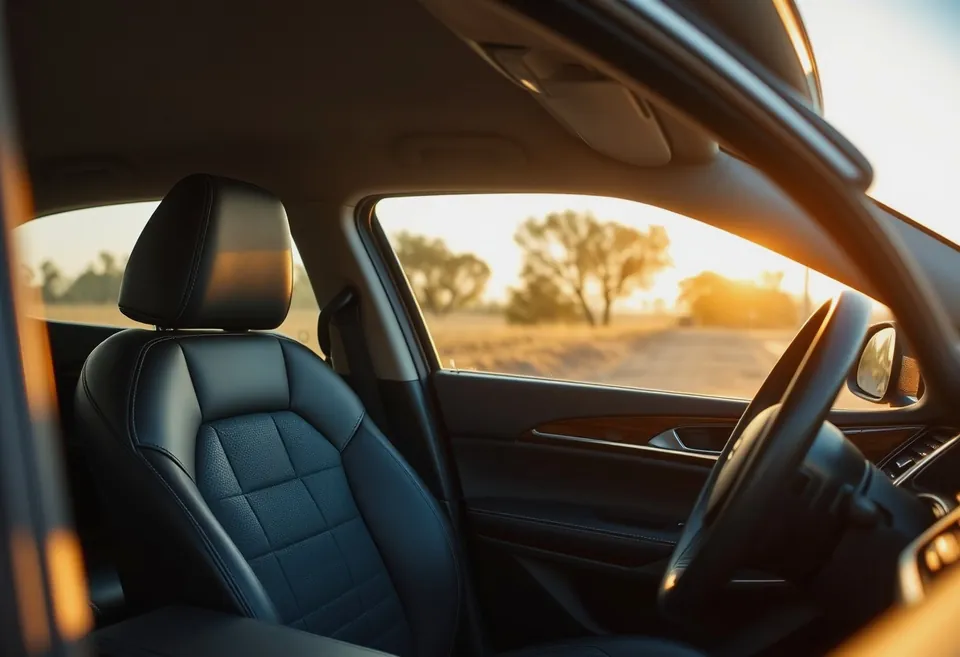 A saloon cabin from the rear seat: extendable seat cushions, lumbar controls, a wide centre armrest.