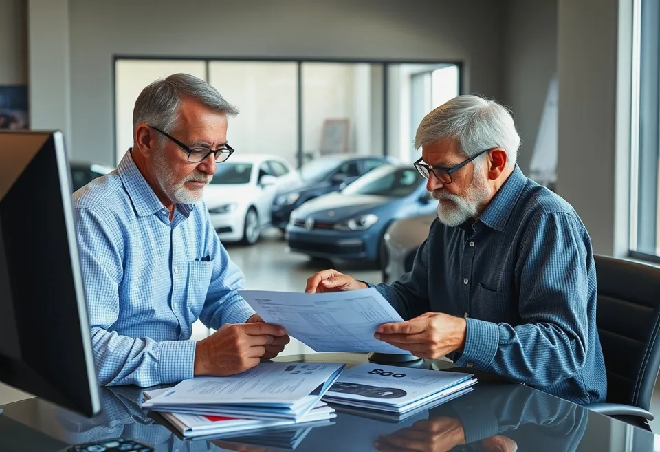 Two people at a counter with a hire agreement spread out, a pen resting on the exclusions page.