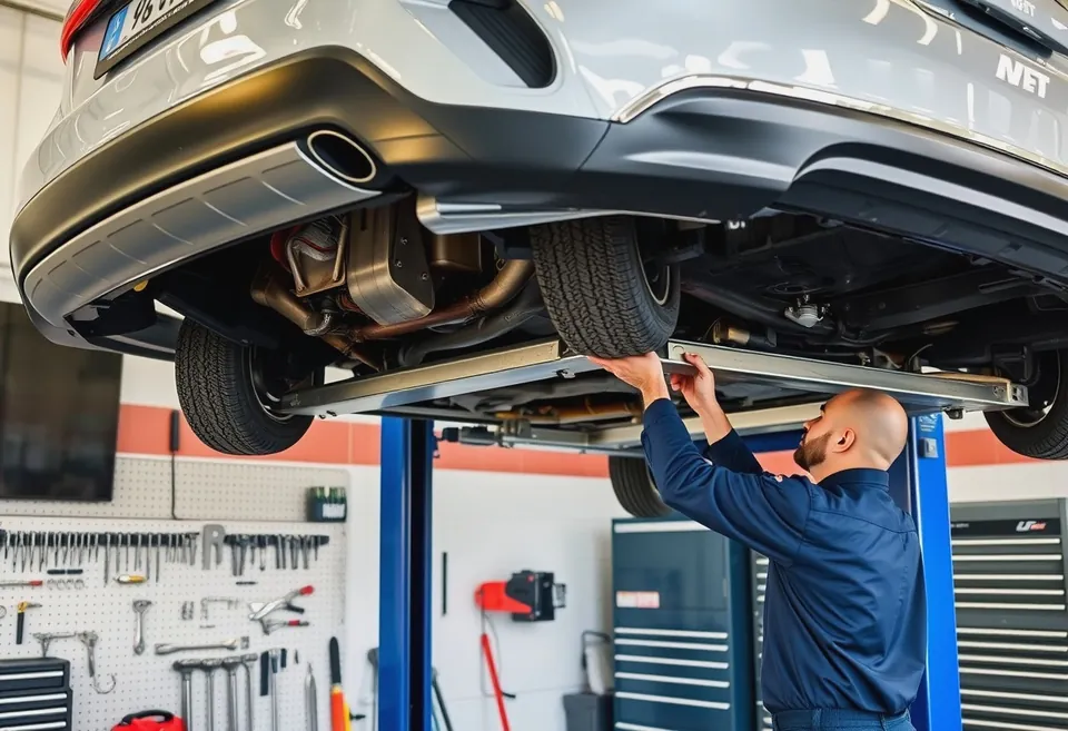 A workshop bay with a car on a two-post lift and a technician checking the underbody tray.
