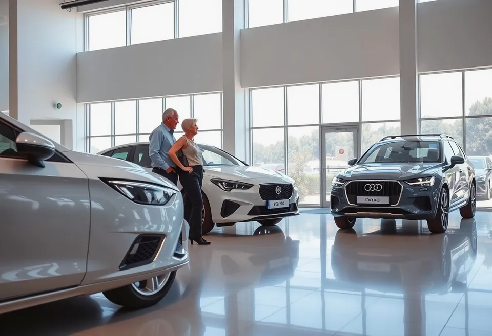A quiet showroom floor with price cards on windscreens and a customer reading notes on a phone.